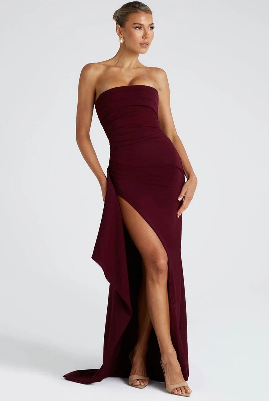 Babyboo Zafira Cherry Red Strapless Draped Split Maxi Dress NWT XS